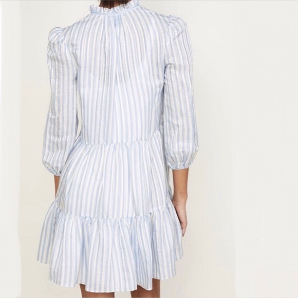 Veronica Beard Hawken Dress 6 Stripe Puff Sleeves Tiered Linen Silk Coastal READ - Picture 2 of 14